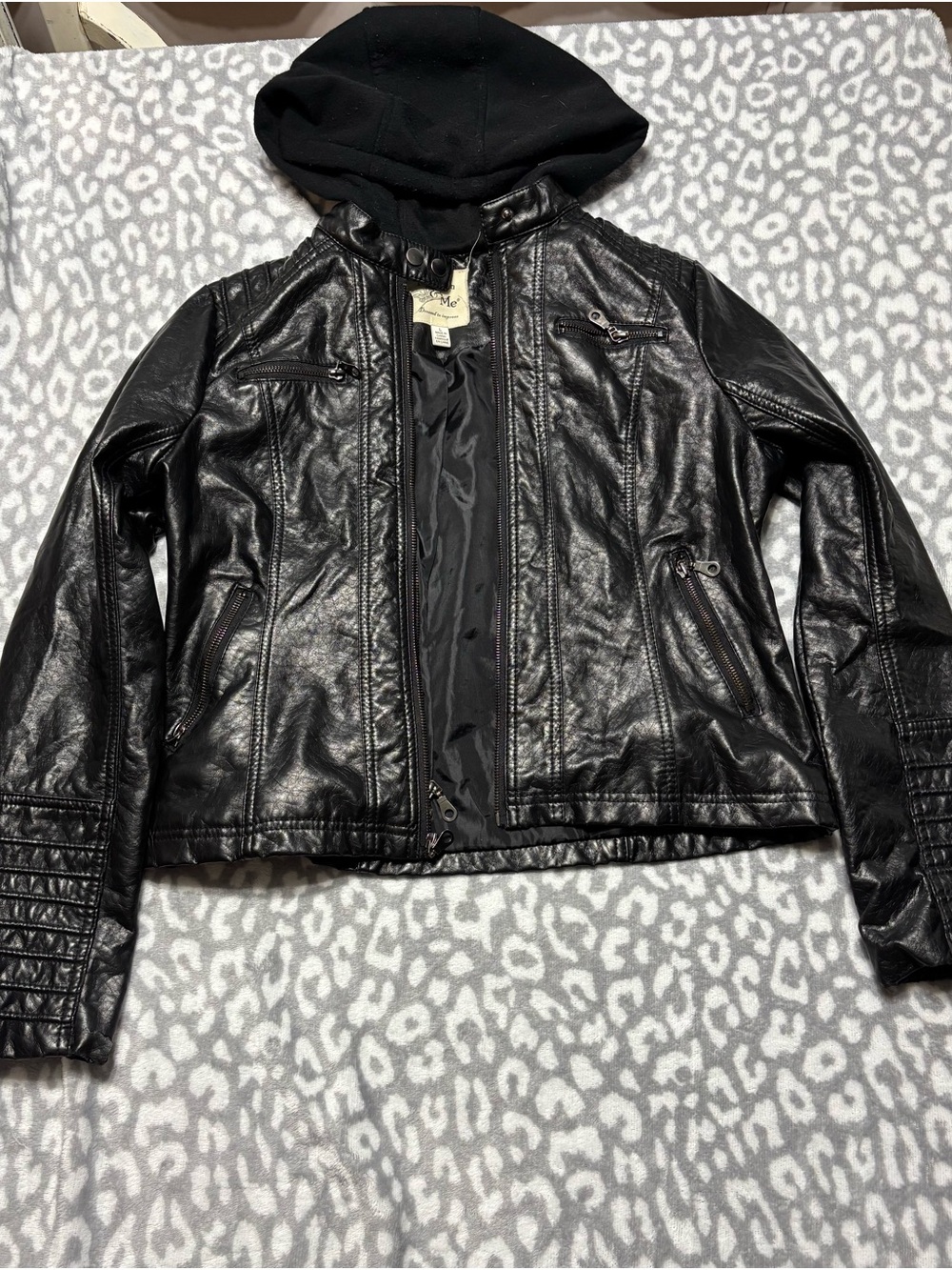 Maralyn & Me Black Hooded Faux Leather Jacket with Quilted Cuffs